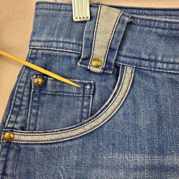 Style J Womens Denim Skirt Butterfly Pocket Embroidery Frayed Hem Y2K Sz30 Large - Picture 10 of 10